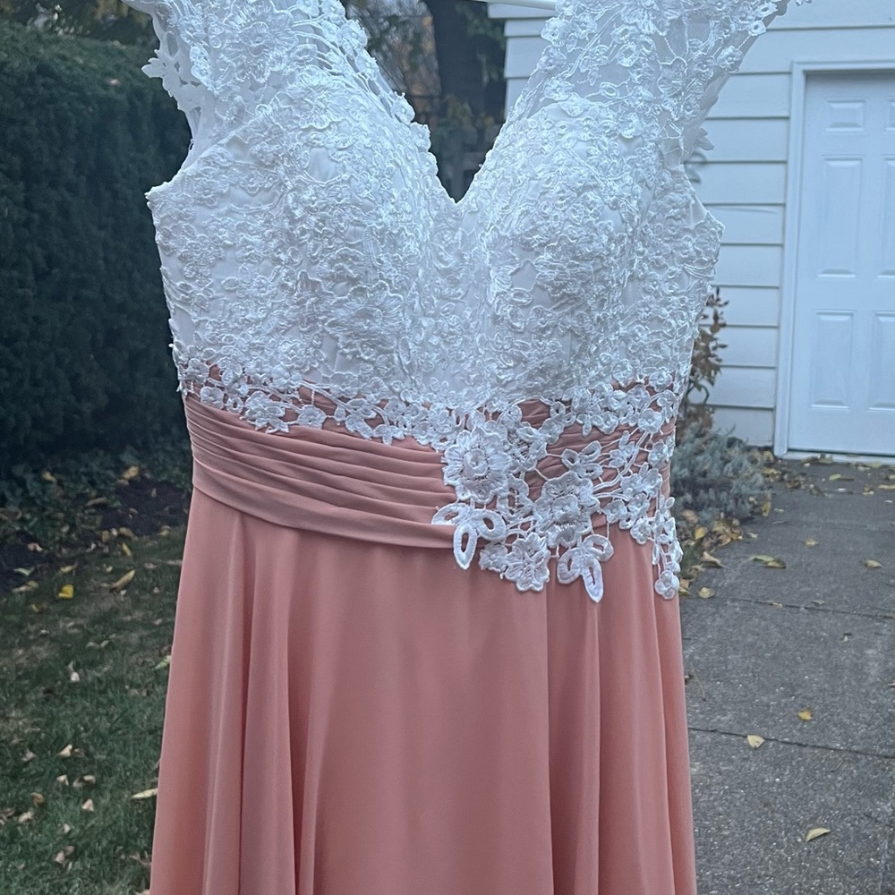 White lace & champagne formal dress with corset lace-up back.